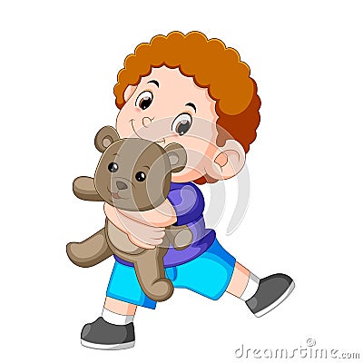 A boy happy play with the grey teddy bear Vector Illustration