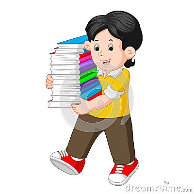 Boy with many books Vector Illustration