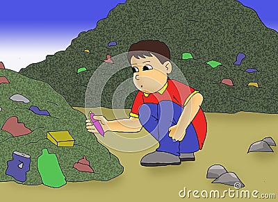 illustration of a boy in a red shirt finding a pen in a pile of rubbish Cartoon Illustration