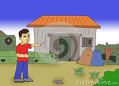 illustration of a boy in a red shirt showing a pile of rubbish Cartoon Illustration