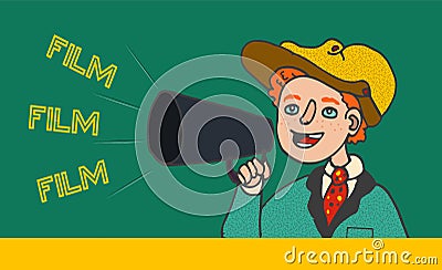 Illustration of boy in retro clothes shouting in megaphone: `Film, Film, Film`. Vector Illustration