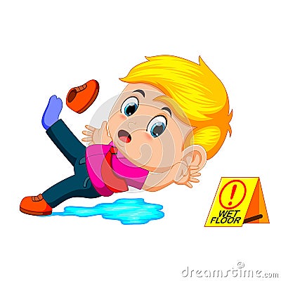 Boy slipping on wet floor Vector Illustration