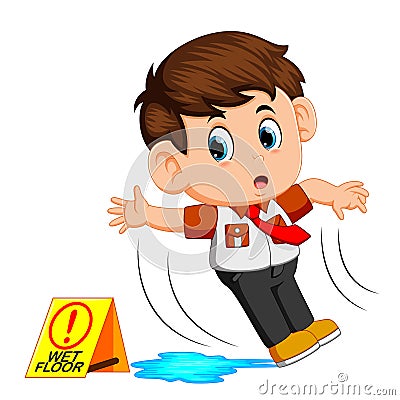 Boy slipping on wet floor Vector Illustration