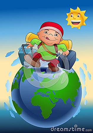 Illustration of a boy traveling around the world Vector Illustration