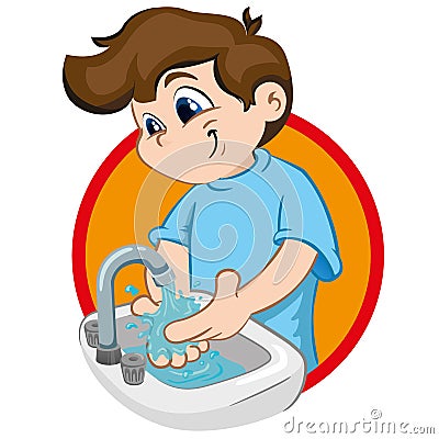 Illustration of a boy with tuft, washing his hands in a sink with running water Vector Illustration