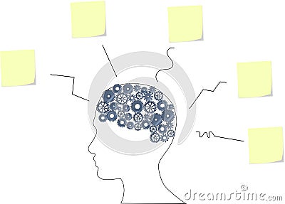 Illustration of a brain with many ideas on a stickers Stock Photo