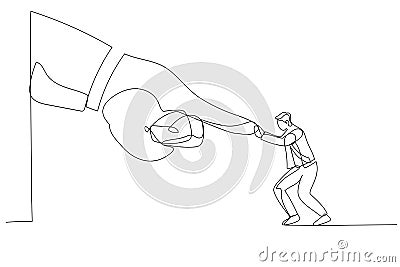Illustration of brave businessman fight and keep pushing against giant business hand. Metaphor for conflict against boss or Vector Illustration