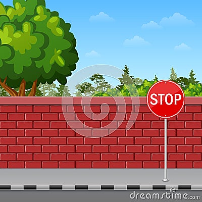 Brick wall with stop sign on the pavement Vector Illustration