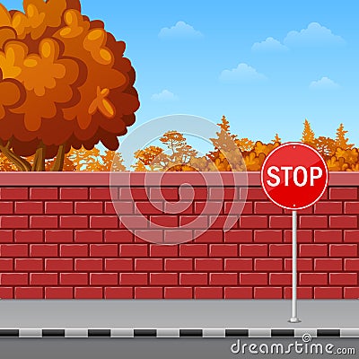Brick wall with stop sign on the pavement Vector Illustration