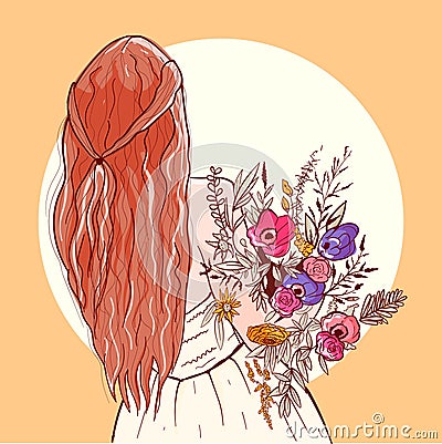 Illustration of a bride`s backside holding a bouquet of bright flowers. Digital art of a redhead woman preparing for the wedding. Vector Illustration