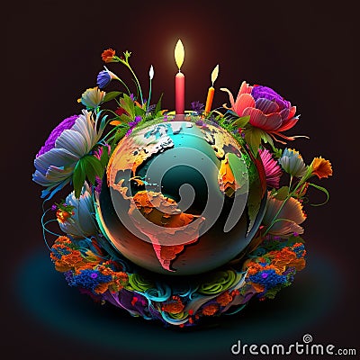 nature illustration bouquet of flowers around the planet sphere wallpaper for your phone. Cartoon Illustration