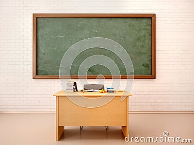 illustration of bright empty classroom with blackboard and te Cartoon Illustration