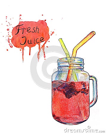 Illustration of berry drink in a glass jar with cocktail rolls and watercolor shape with a lettering Stock Photo