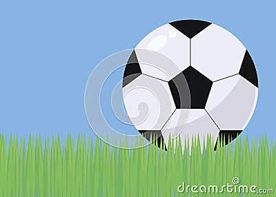 Illustration with bright green grass football field blue sky and black and white voluminous simple soccer ball with gloss and shad Vector Illustration