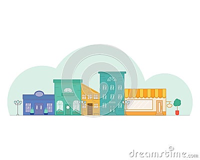 Illustration with bright houses sunny day. Vector Illustration