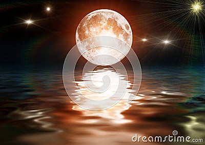 Illustration of a bright moon on dark water Stock Photo
