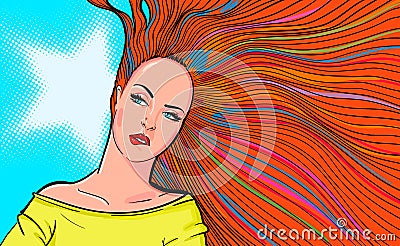 Woman with red hair biting lip. illustration of bright redhead woman biting red lip on blue background. Retro pop art Cartoon Illustration