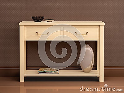 Illustration of bright wooden chest of drawers in dark interi Cartoon Illustration