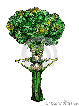 illustration of broccoli eating itself on transparent. Cartoon Illustration
