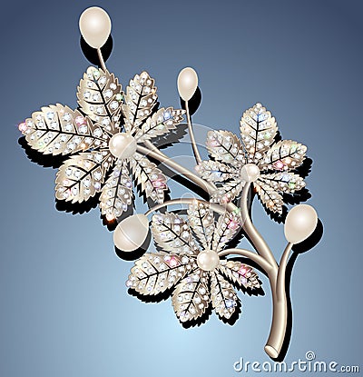 brooch jewelry with leaves, precious stones and pearls with reflection Vector Illustration