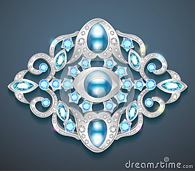 brooch with pearls and precious stones. Filigree v Vector Illustration