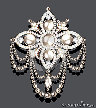 brooch vintage with precious stones and pearls, glamour Vector Illustration