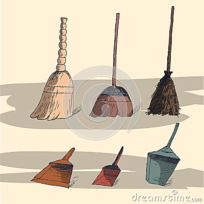 Illustration with brooms and dustpans Vector Illustration