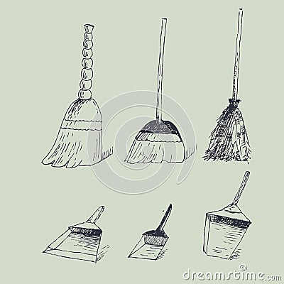 Illustration with brooms and dustpans Vector Illustration