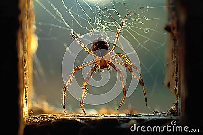 A brown spider in the center of an open window, with its web hanging from it and a small bug on top of the web. the backgroun Cartoon Illustration