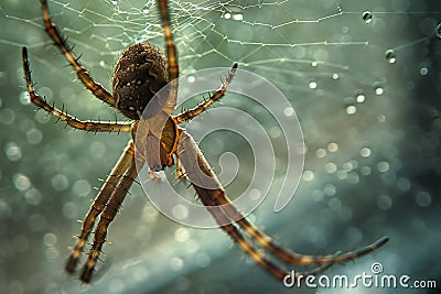 A brown spider in the center of an open window, with its web hanging from it and a small bug on top of the web. the backgroun Cartoon Illustration