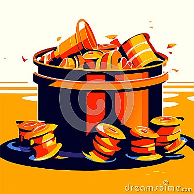 Illustration of a bucket full of gold coins. Vector illustration. Generative AI Cartoon Illustration