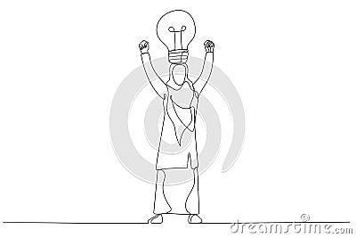 Illustration of bulb head muslim businesswoman. One line art style Vector Illustration