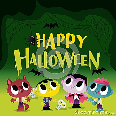 Super Cute Halloween Monsters And Ghouls In Spooky Cave Cartoon Illustration