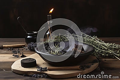 illustration, burning charcoal with incense, generative ai Cartoon Illustration
