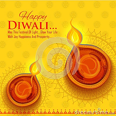 Burning diya on Happy Diwali Holiday background for light festival of India Vector Illustration