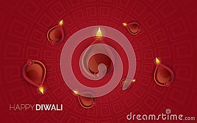 Illustration of burning diya on Happy Diwali Holiday background Vector Illustration