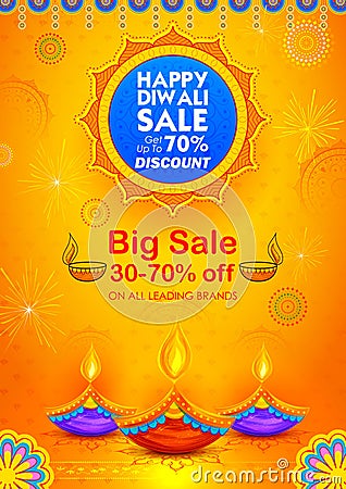 Burning diya on Happy Diwali Holiday Sale promotion advertisement background for light festival of India Vector Illustration
