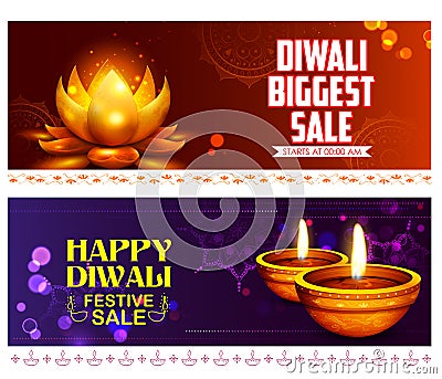 Burning diya on happy Diwali Holiday Sale promotion advertisement background for light festival of India Vector Illustration