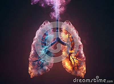 Illustration of burning lungs all in smoke in yellow violet neon lighting Stock Photo