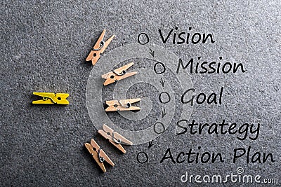 Illustration of business concept vision - mission - strategy - action plan on dark background with many colored pins Stock Photo