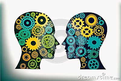 Business human heads made of gears and cogs exchanging ideas and knowledge Stock Photo