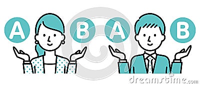 Illustration of a businessman and a business woman comparing A and B Vector Illustration