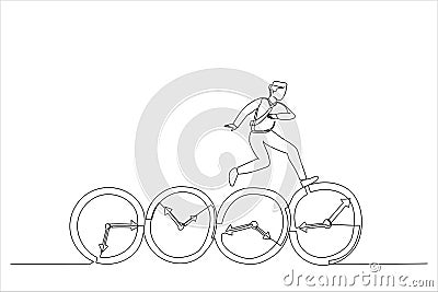 businessman expert jumping on time passing alarm clock. Procrastination or work productivity concept. One line art Vector Illustration
