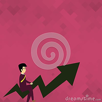 Illustration of Businessman with Eyeglasses Riding Crooked Color Arrow Pointing and Going Upward. Creative Background Vector Illustration