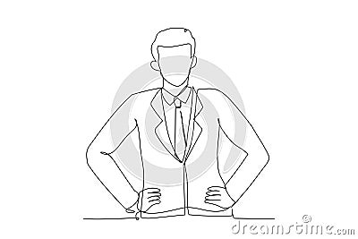 Illustration of businessman in glasses looking satisfied, smiling and holding hands on waist, standing. Vector Illustration