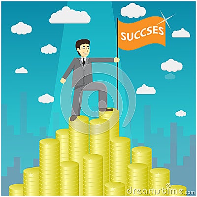 Illustration of businessman proudly standing on the huge money staircase. Vector Illustration