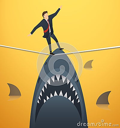 Illustration of a businessman walking on rope with sharks underneath business risk chance Vector Illustration