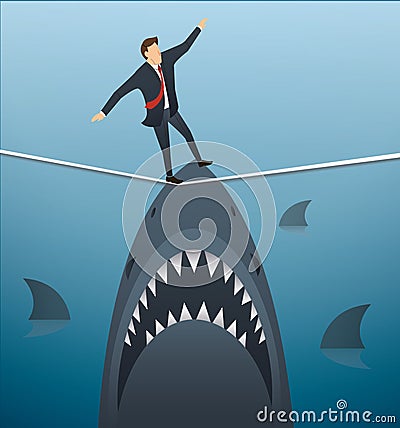 Illustration of a businessman walking on rope with sharks underneath business risk chance Vector Illustration