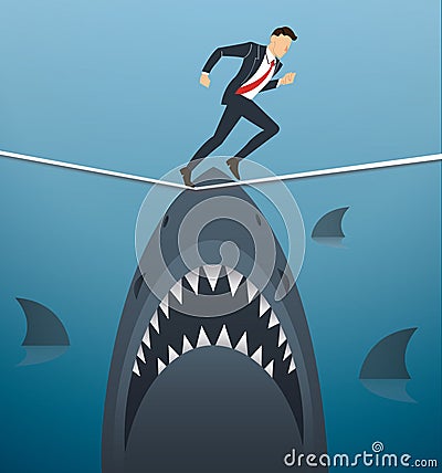 Illustration of a businessman walking on rope with sharks underneath business risk chance Vector Illustration