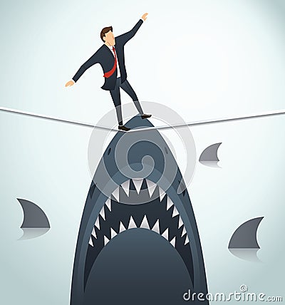 Illustration of a businessman walking on rope with sharks underneath business risk chance Vector Illustration